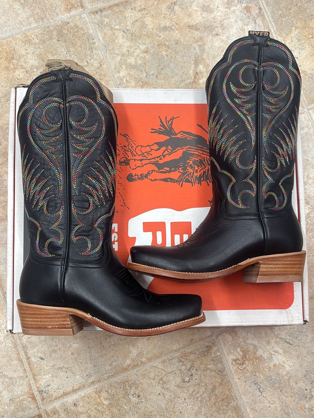 Women's Black Western Heeled Boots with Multicolor Stitching
